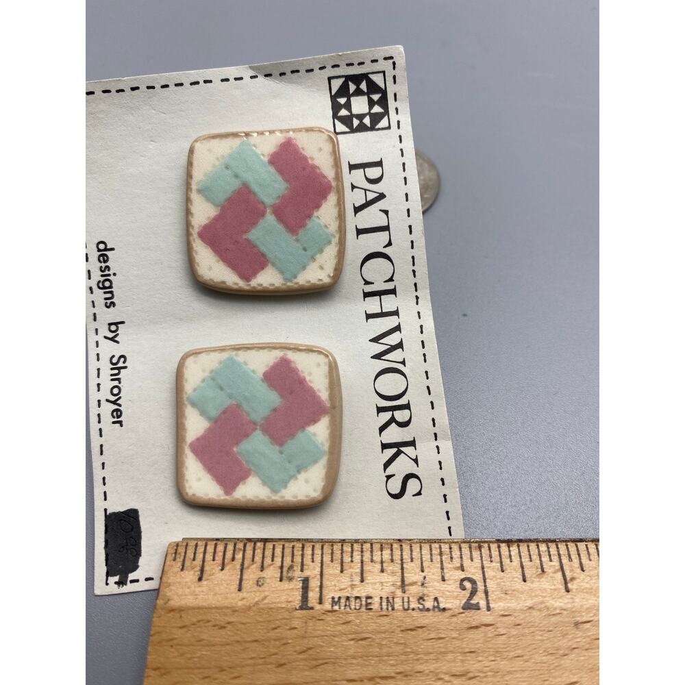 Patchworks quilting Handmade Ceramic vintage large post Earrings 80s Pink,Blue - Picture 4 of 5
